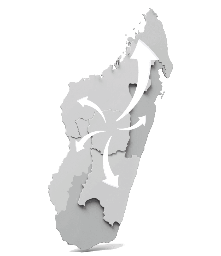 Madagascar et les provinces couvertes depuis le siège d'Antananarivo